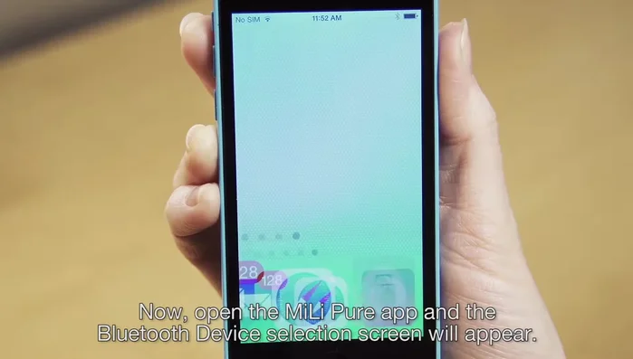 Open the Milly Pure app. The Bluetooth device selection screen will appear. Click on 'Milly' to pair the device to your smartphone. The LED will turn solid.