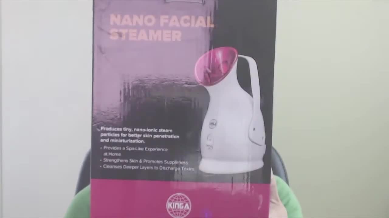 Close-up of the Kinga Nano Facial Steamer packaging.