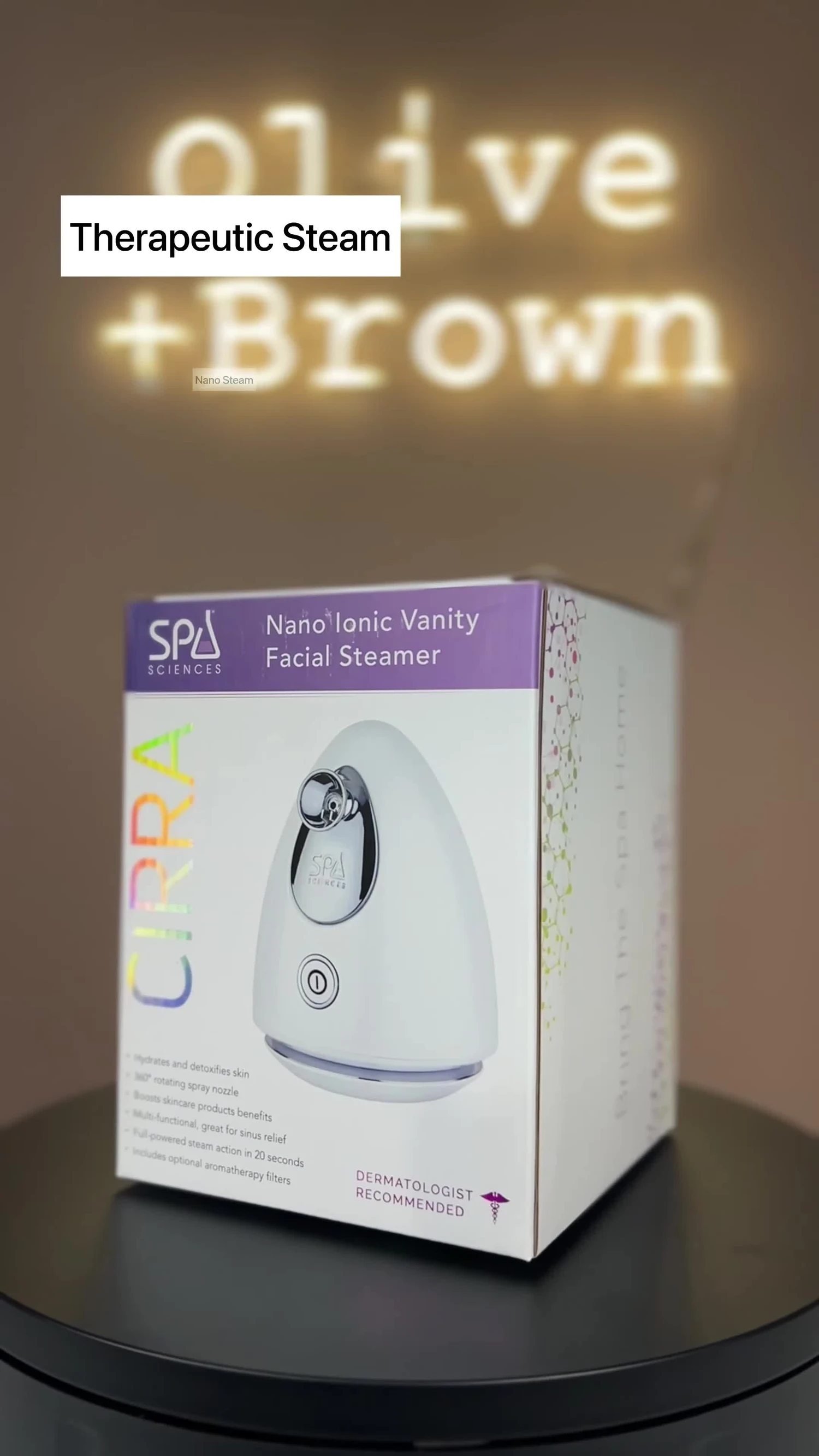 Close-up of the Spa Sciences CIRRA Vanity Nano Ionic Facial Steamer box.