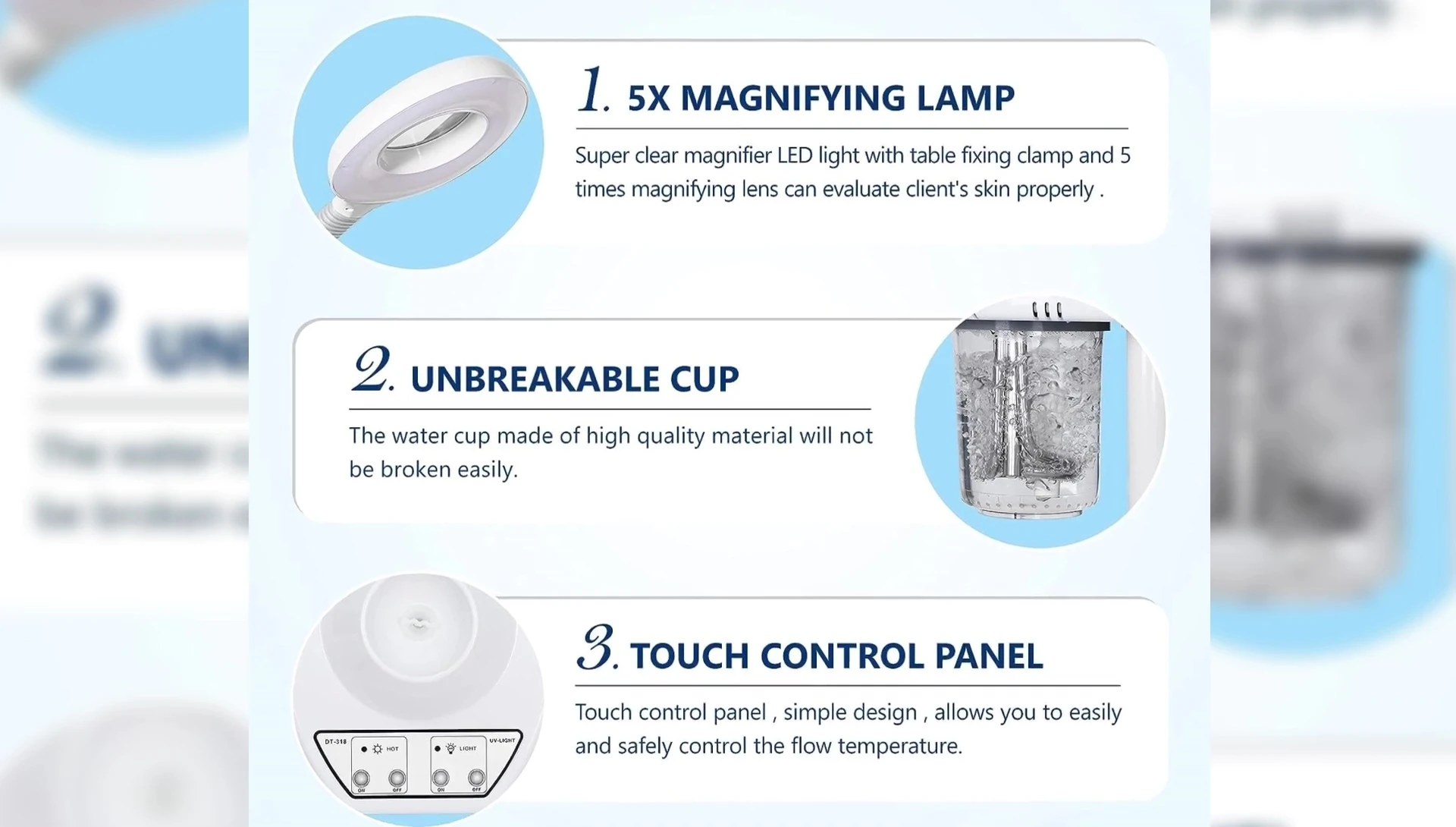 Close-up showcasing the Nova steamer's magnifying lamp and controls