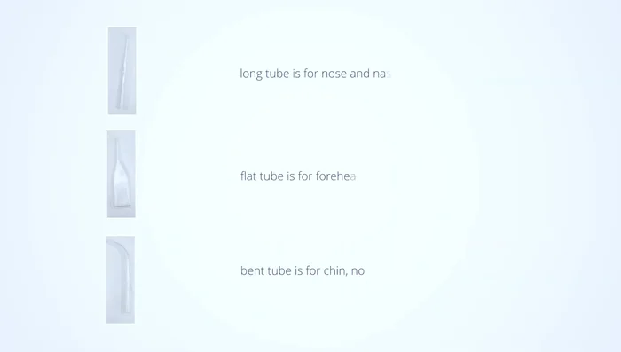 Take out the three glass tubes (long for nose and nasolabial folds, flat for forehead and cheeks, curved for chin, nose, and cheeks). Detach the white rubber hose and connect a glass tube.