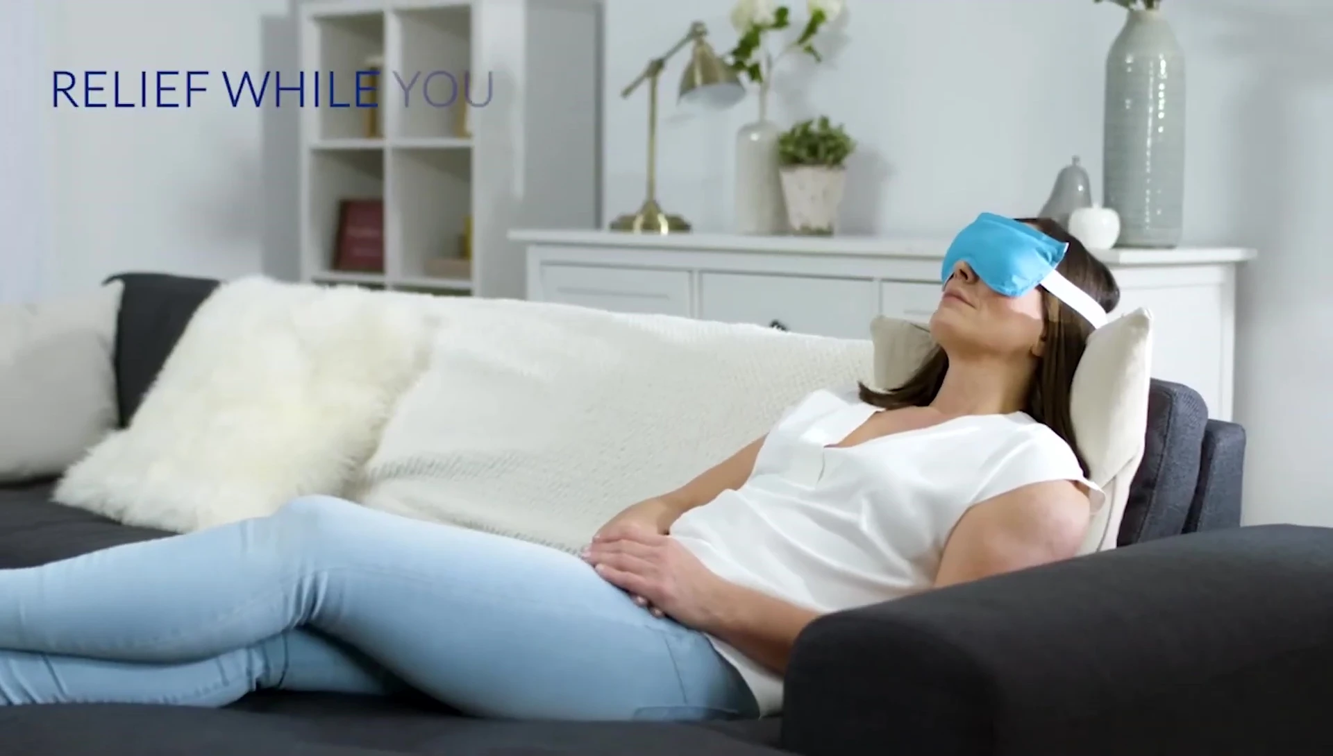 The I-RELIEF™ eye mask with product branding visible.