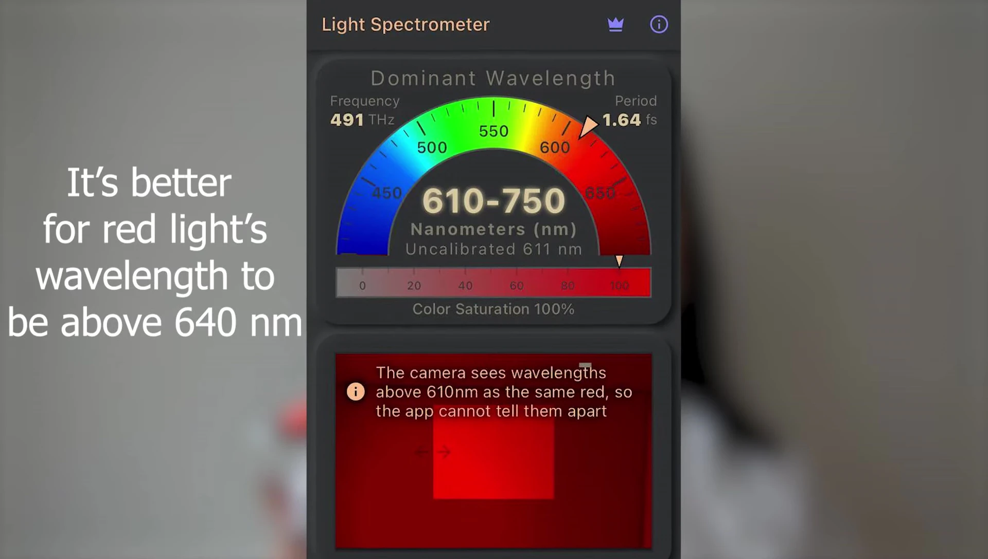 Data from the app showing the green light wavelength.