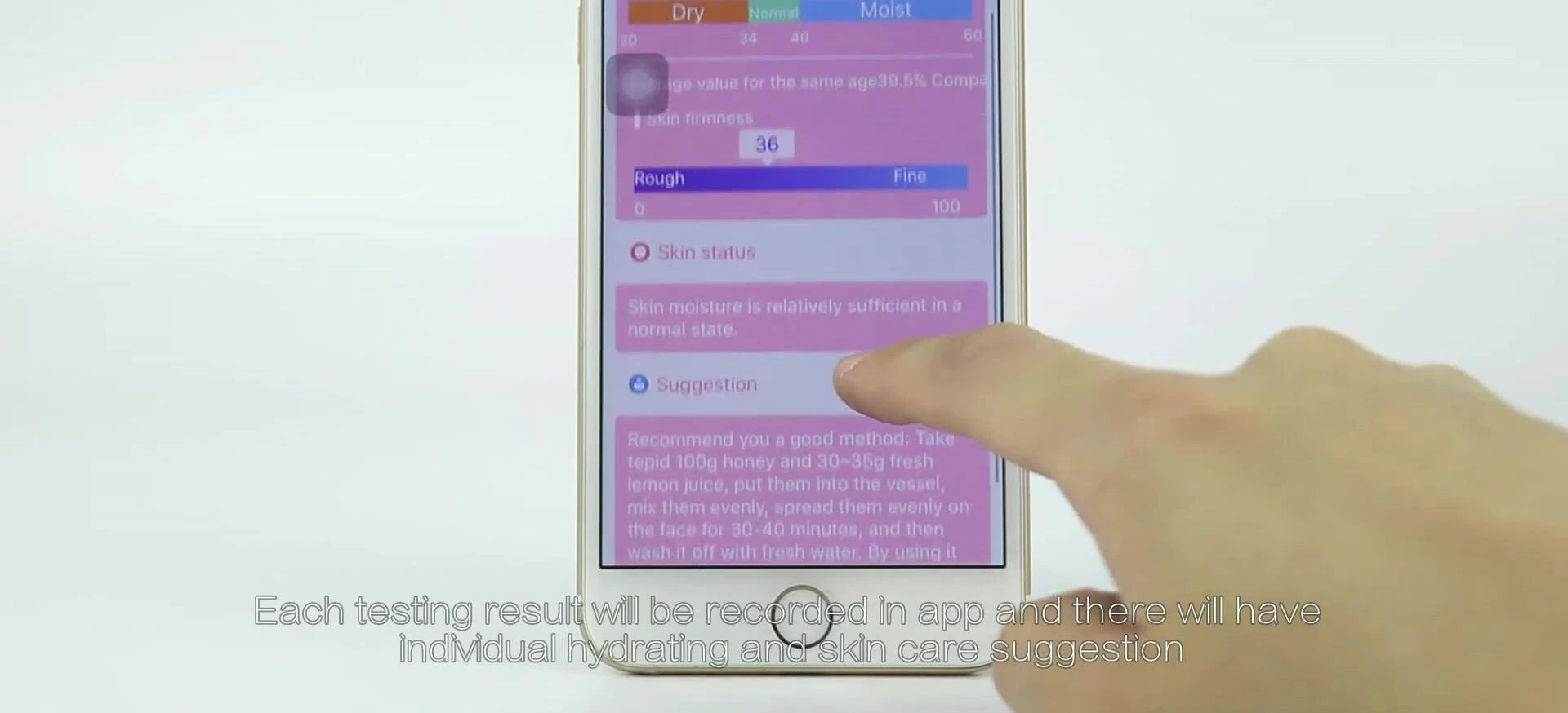 App screen showing data analysis and skincare suggestions.