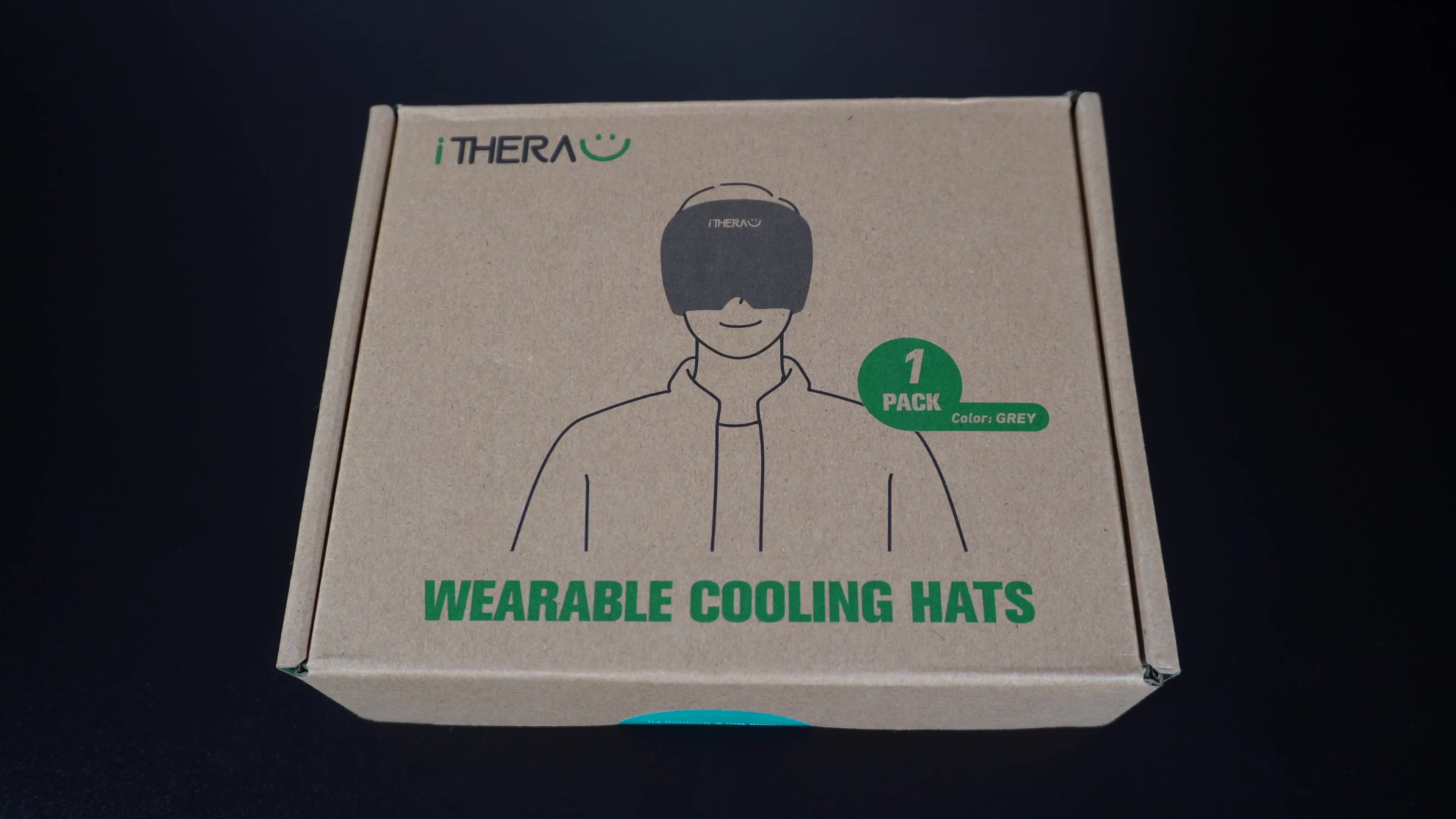 Unboxing the migraine relief cap, showing the contents: hat, bag, and instructions.