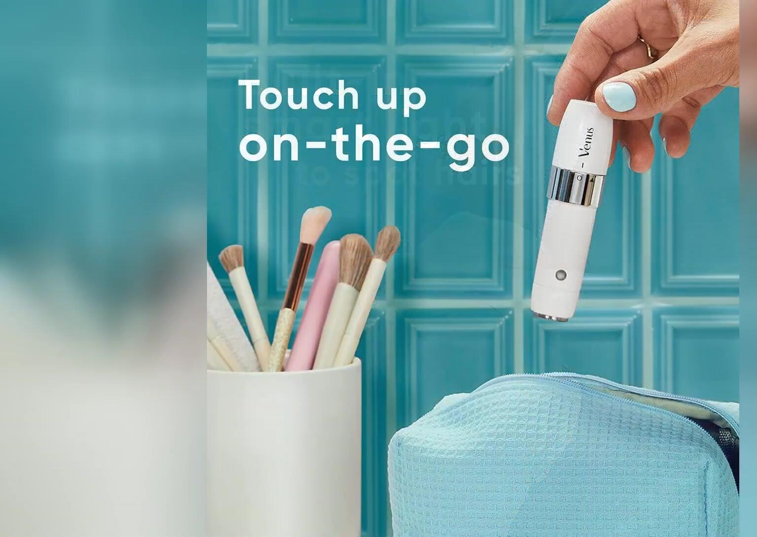 The shaver shown fitting comfortably inside a small bag or purse.