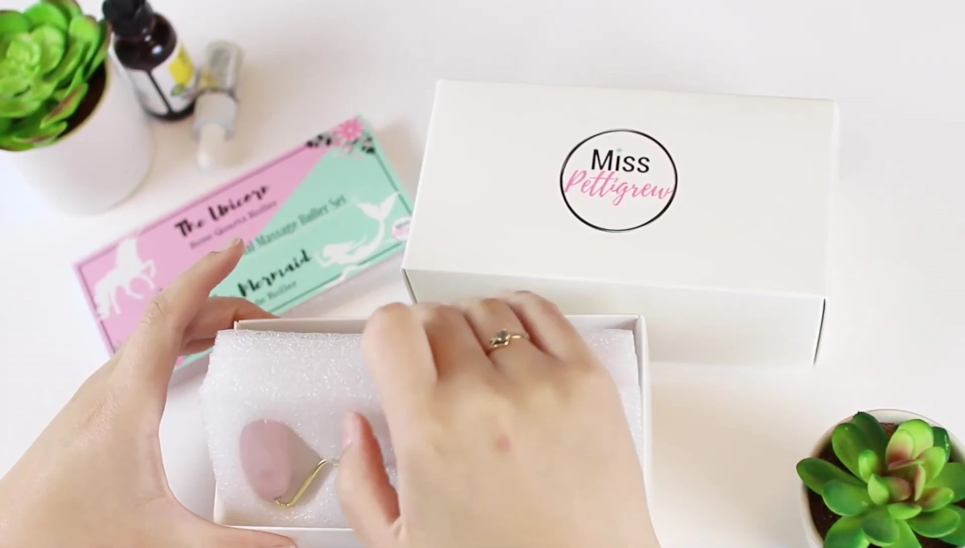 Close-up of the rose quartz roller.