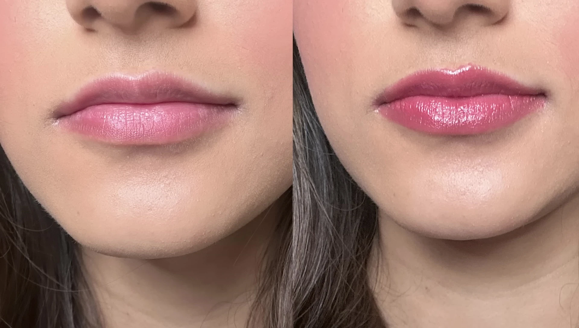Before and after lip comparison with MyGlamm Pout lipstick