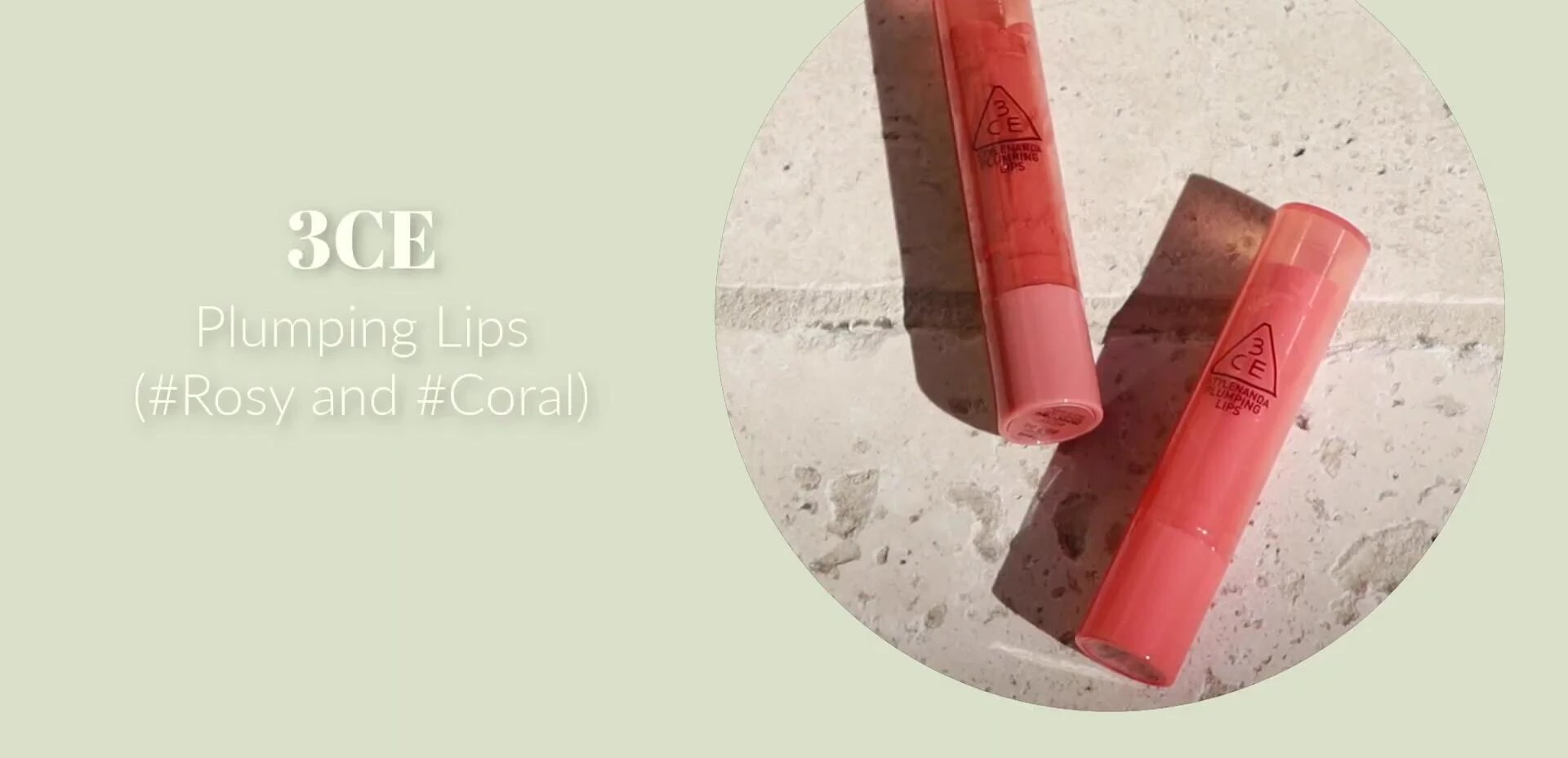Close-up of 3CE Style Nanda Plumping Lips in different shades.